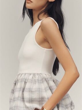 Anthropologie Maeve - white bubble peplum tank with Plaid Skirted Hem - XL